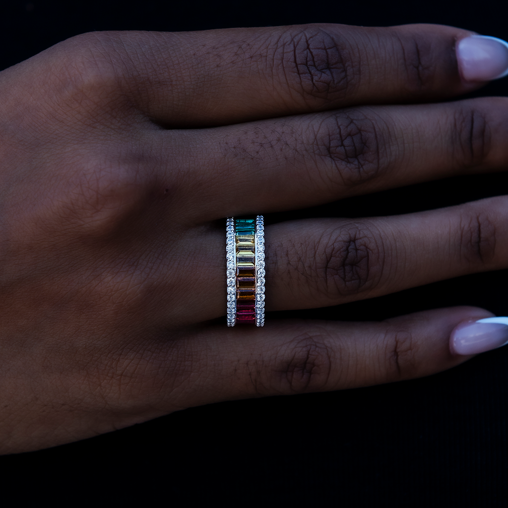 Rainbow Baguette Ring in White Gold Vermeil