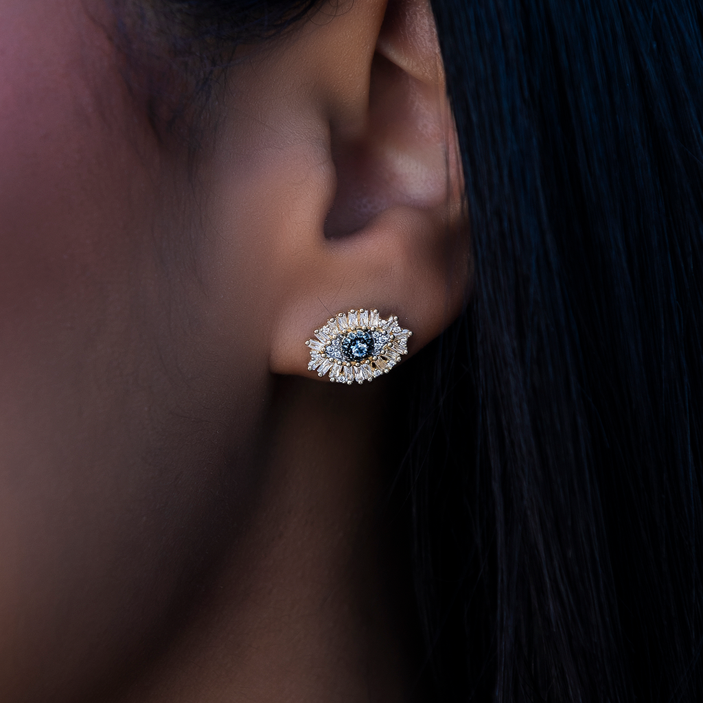 Iced Evil Eye Stud Earrings in Yellow Gold