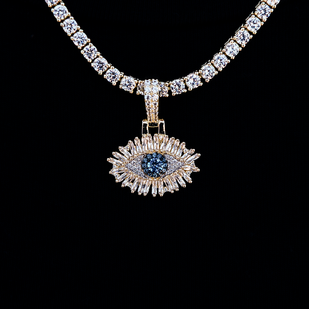 Iced Evil Eye Micro Pendant in Yellow Gold