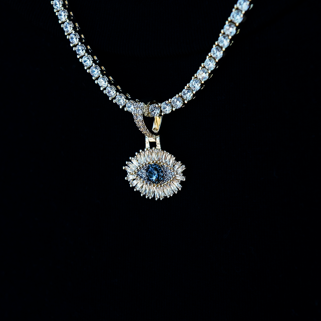 Iced Evil Eye Micro Pendant in Yellow Gold