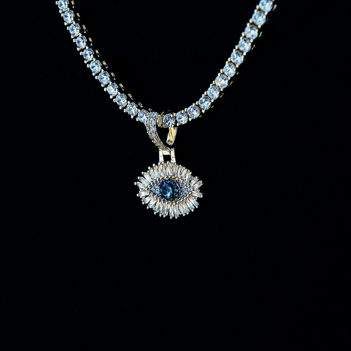 Iced Evil Eye Micro Pendant in Yellow Gold
