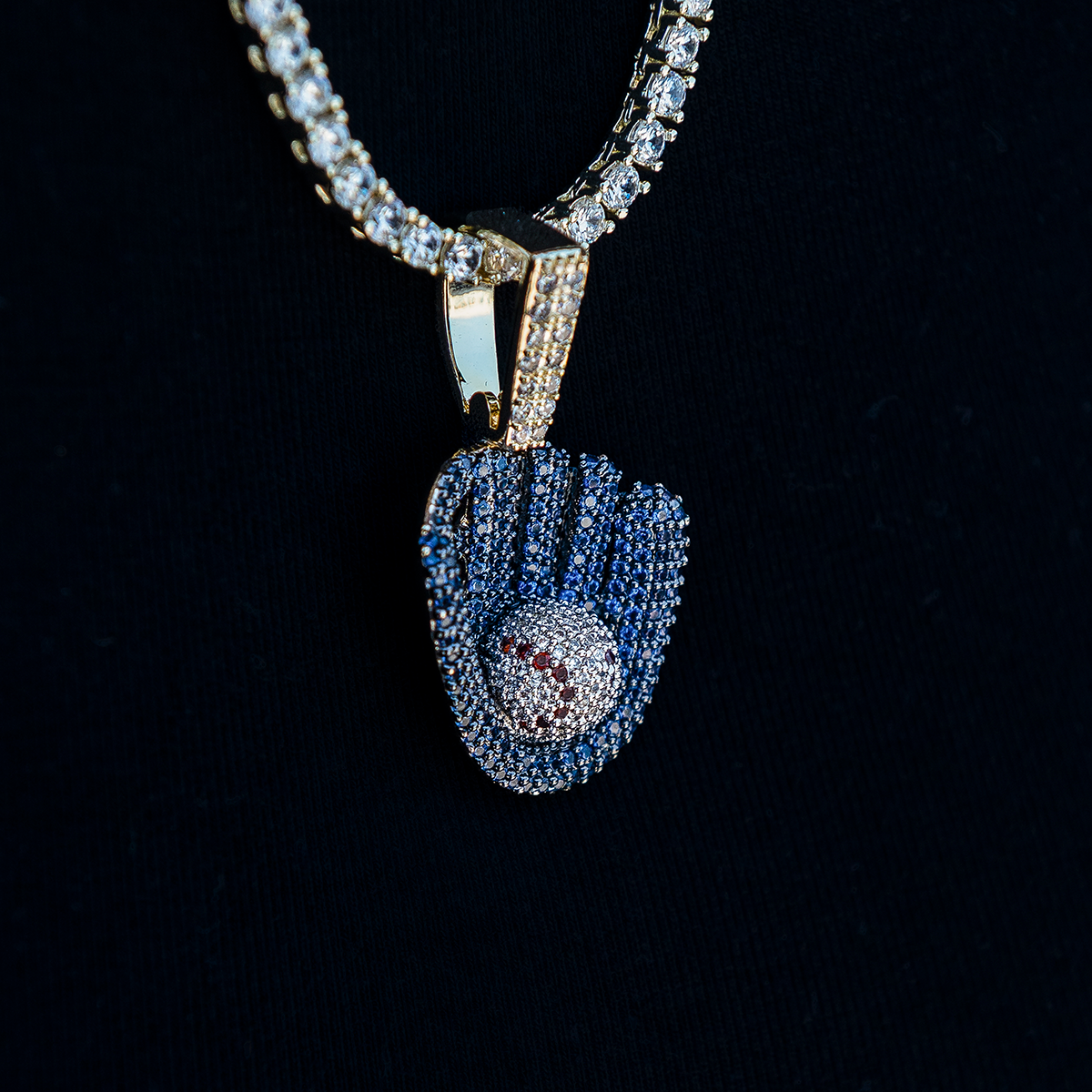 Iced Navy Baseball Pendant in Yellow Gold