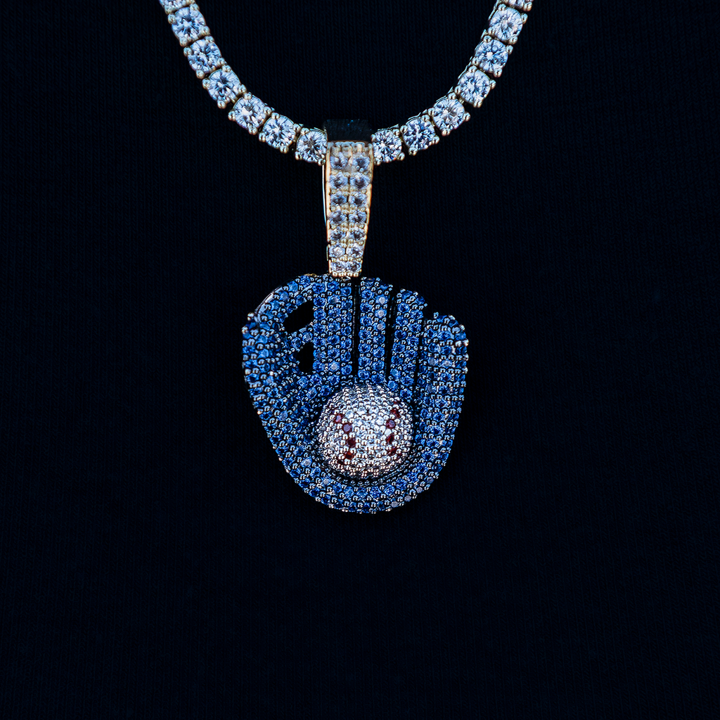 Iced Navy Baseball Pendant in Yellow Gold