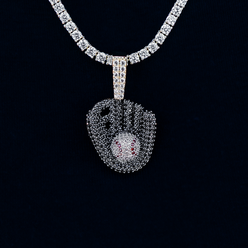 Iced Black Baseball Pendant in Yellow Gold