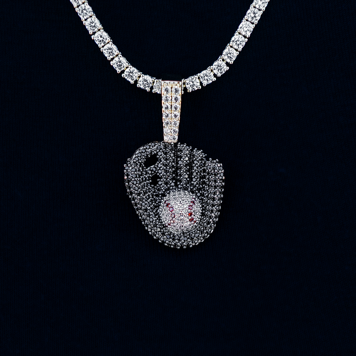 Iced Black Baseball Pendant in Yellow Gold