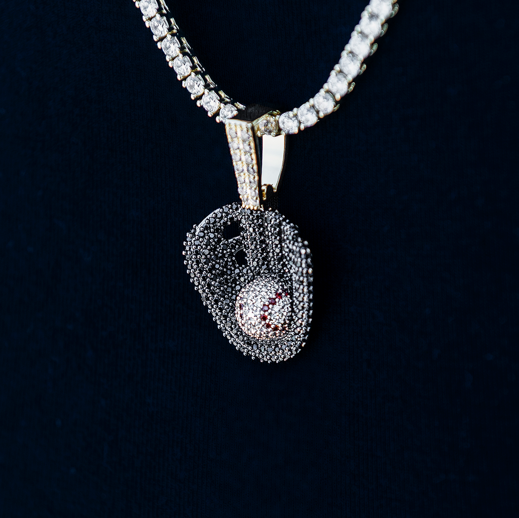Iced Black Baseball Pendant in Yellow Gold