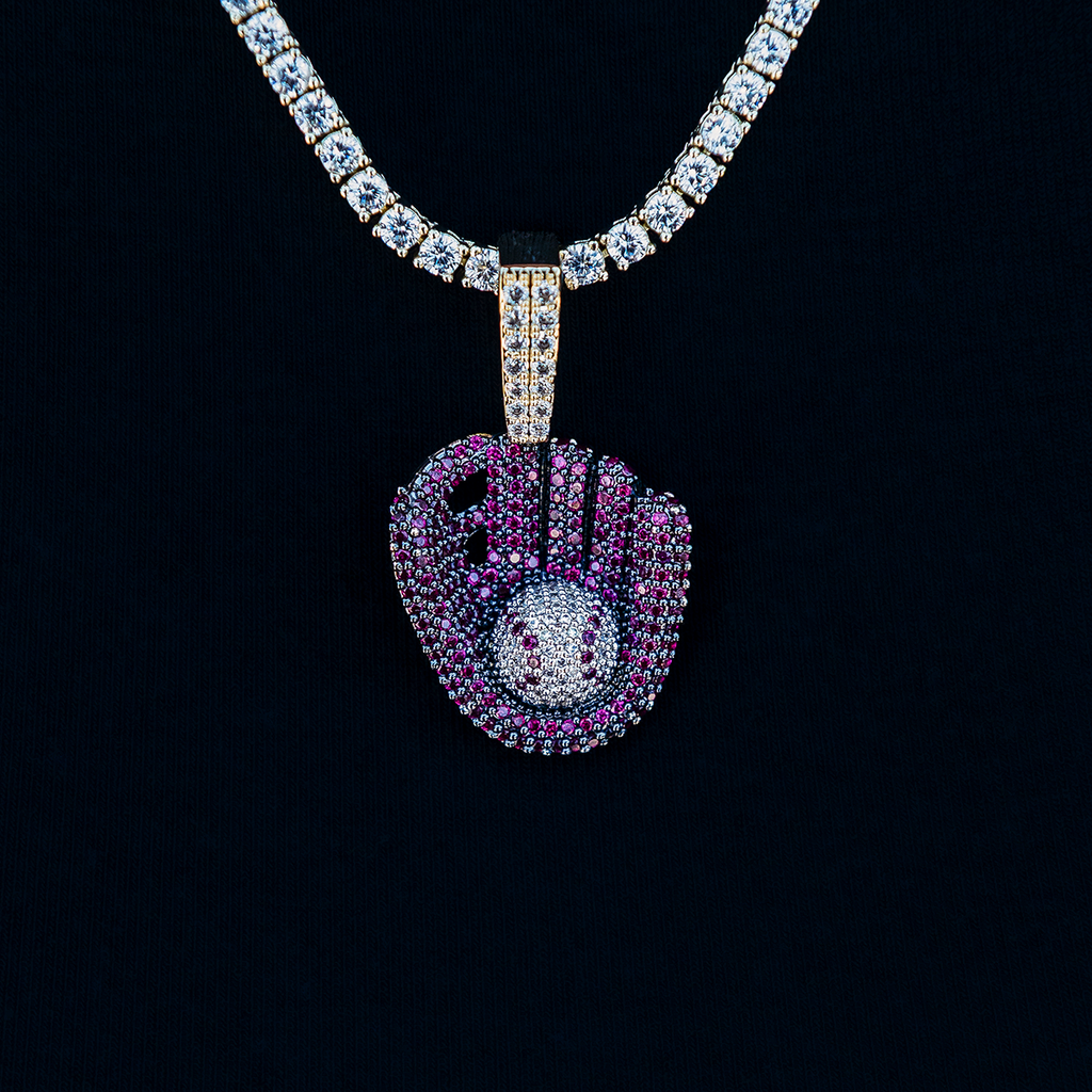 Iced Purple Baseball Pendant in Yellow Gold