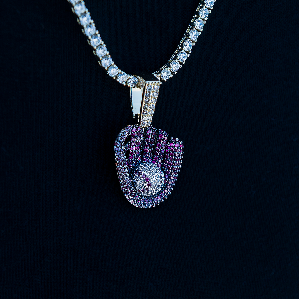 Iced Purple Baseball Pendant in Yellow Gold