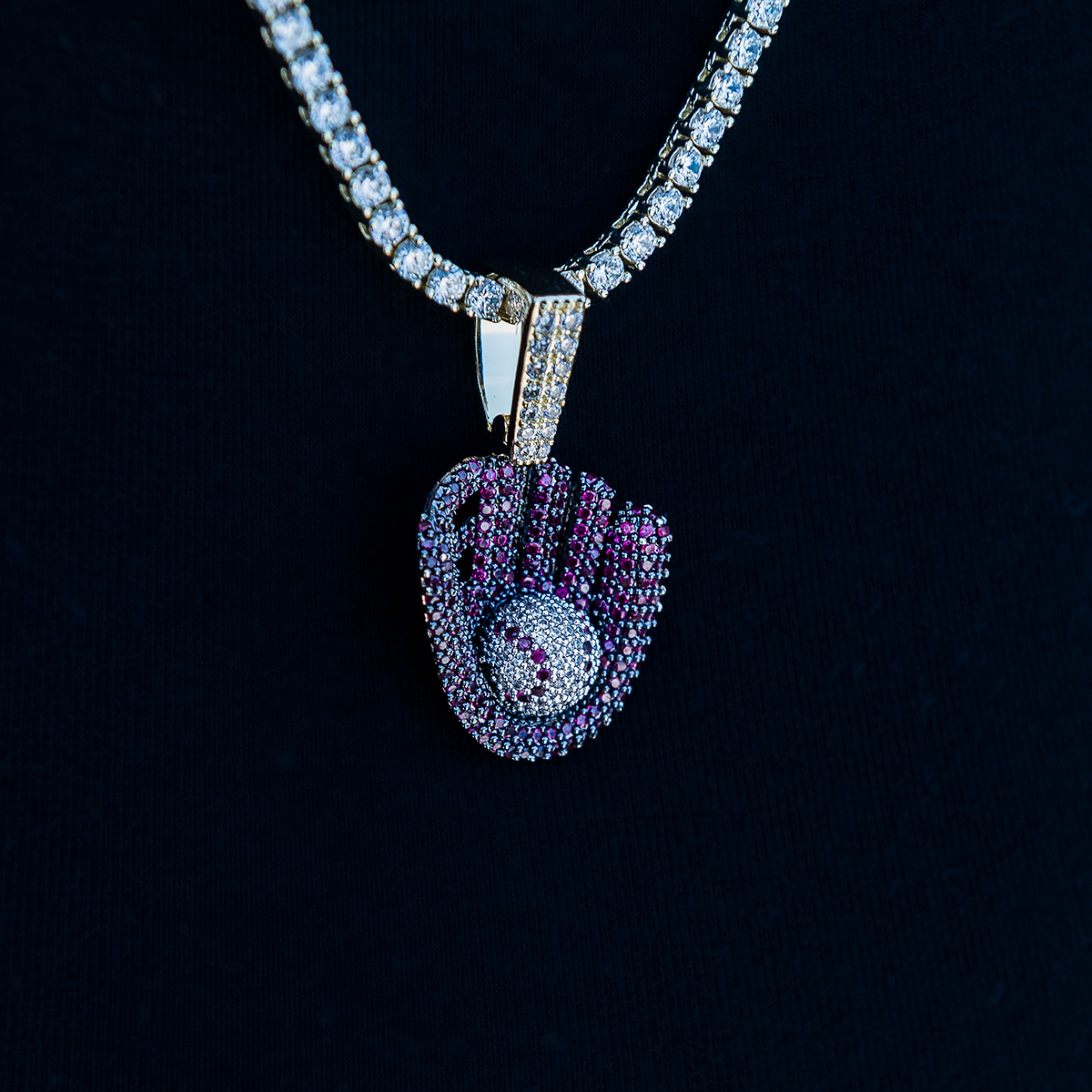 Iced Purple Baseball Pendant in Yellow Gold