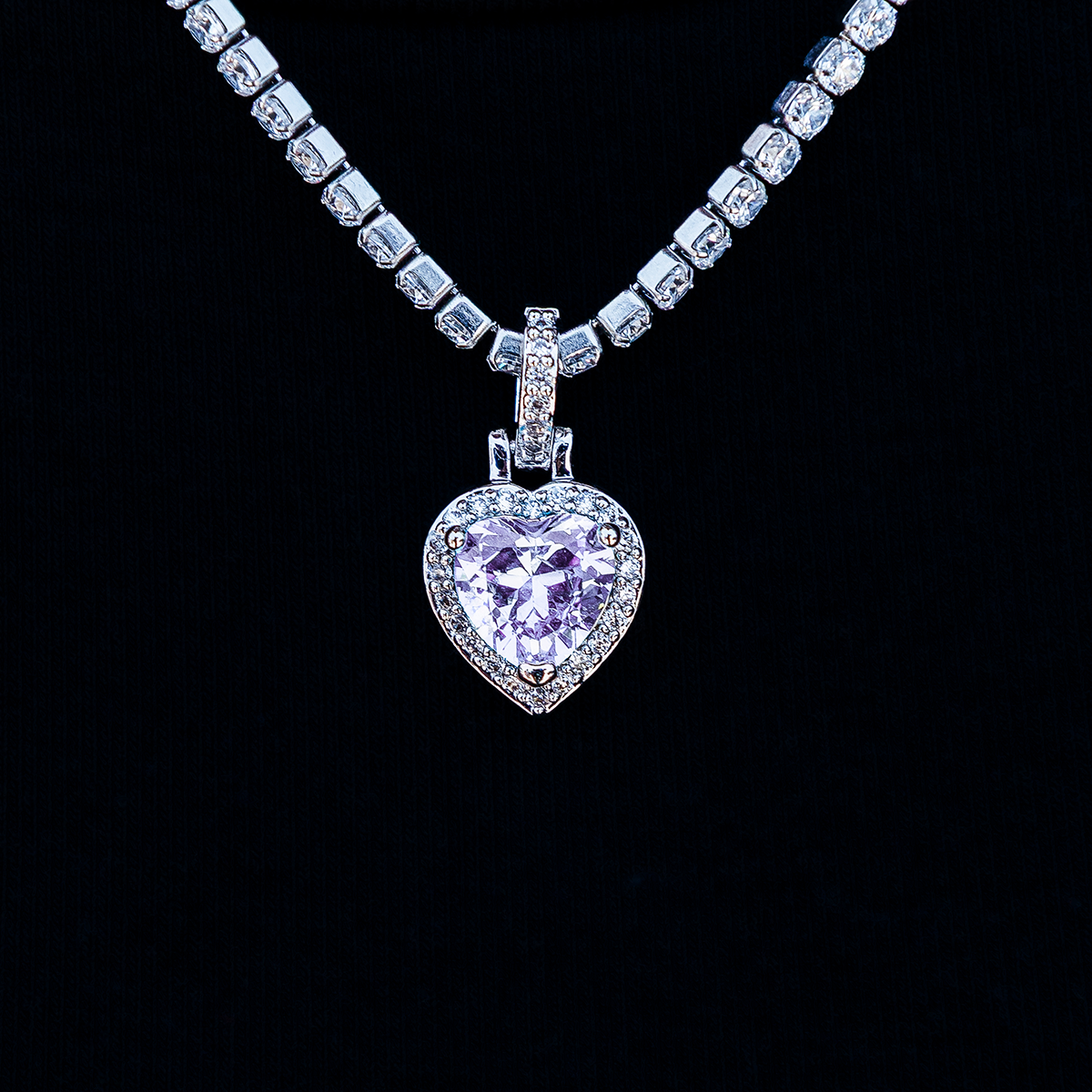 Micro Iced Purple Heart Pendant in White Gold