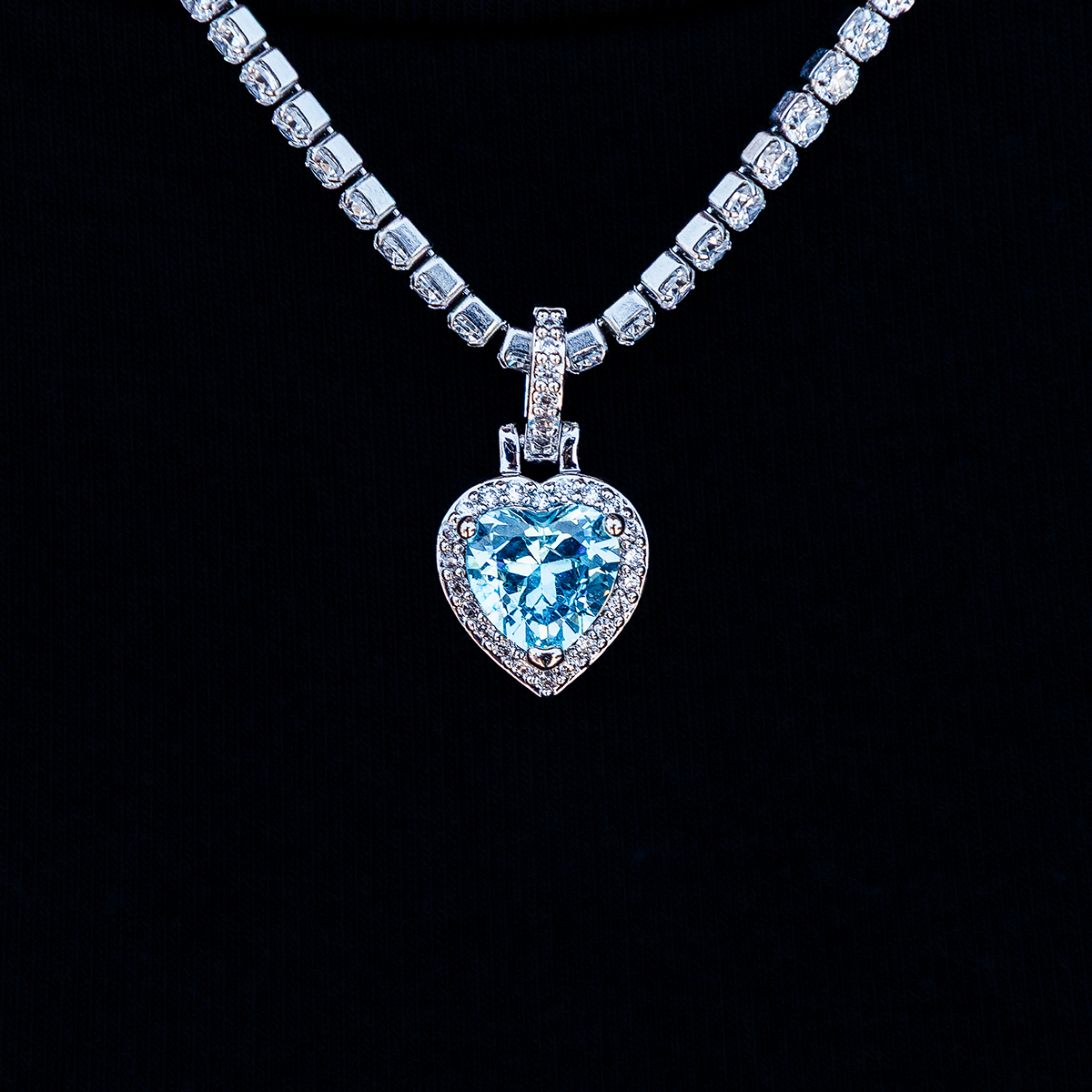 Micro Iced Blue Heart Pendant in White Gold