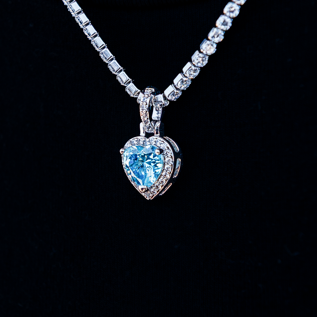 Micro Iced Blue Heart Pendant in White Gold