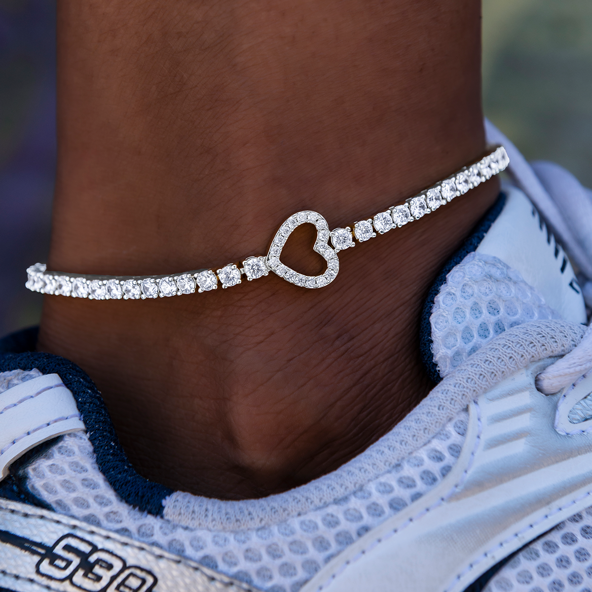 Heart Tennis Anklet in White Gold- 3mm