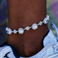Iced Halo Tennis Anklet in White Gold