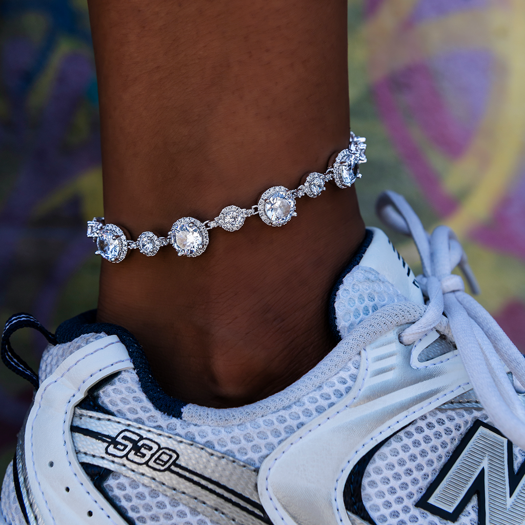 Iced Halo Tennis Anklet in White Gold