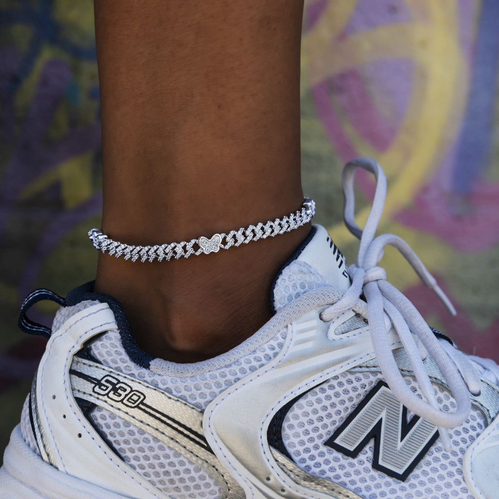 Butterfly Diamond Prong Cuban Anklet in White Gold