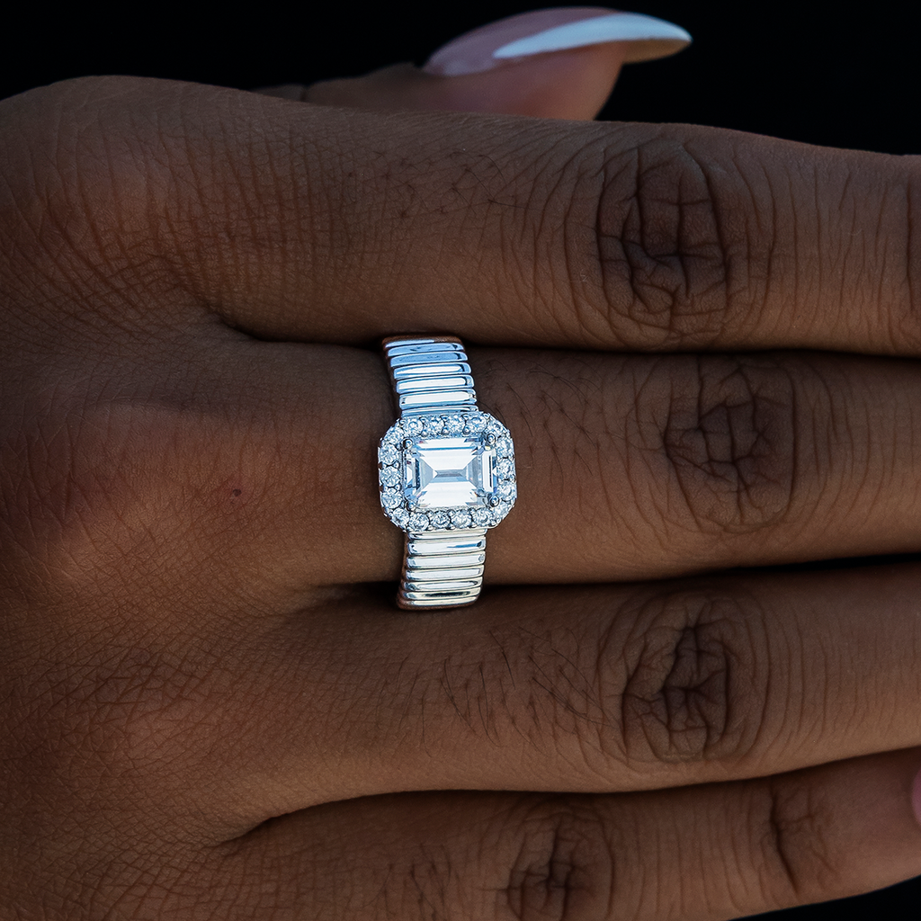 Emerald Cut Diamond Textured Ring in White Gold Vermeil