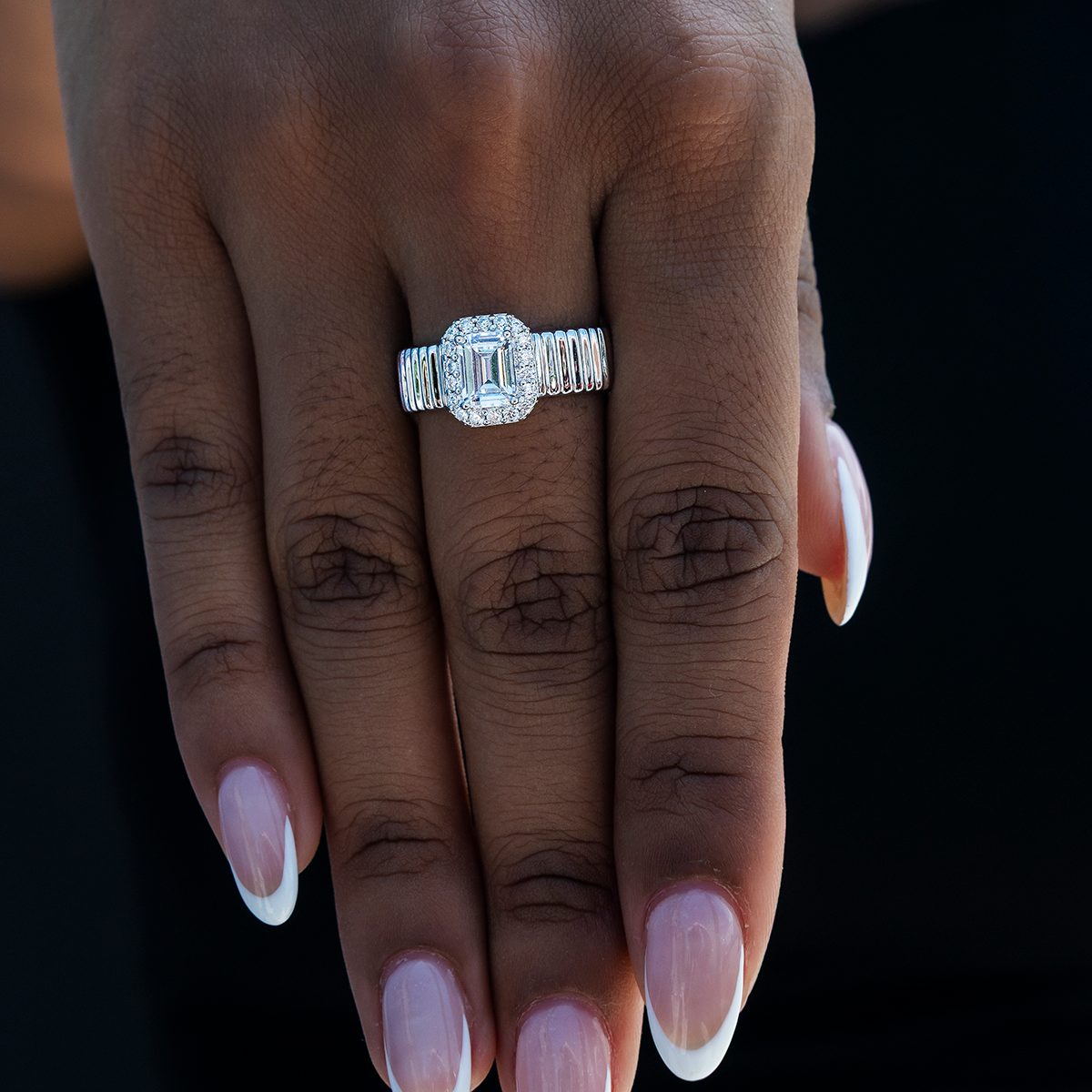 Emerald Cut Diamond Textured Ring in White Gold Vermeil