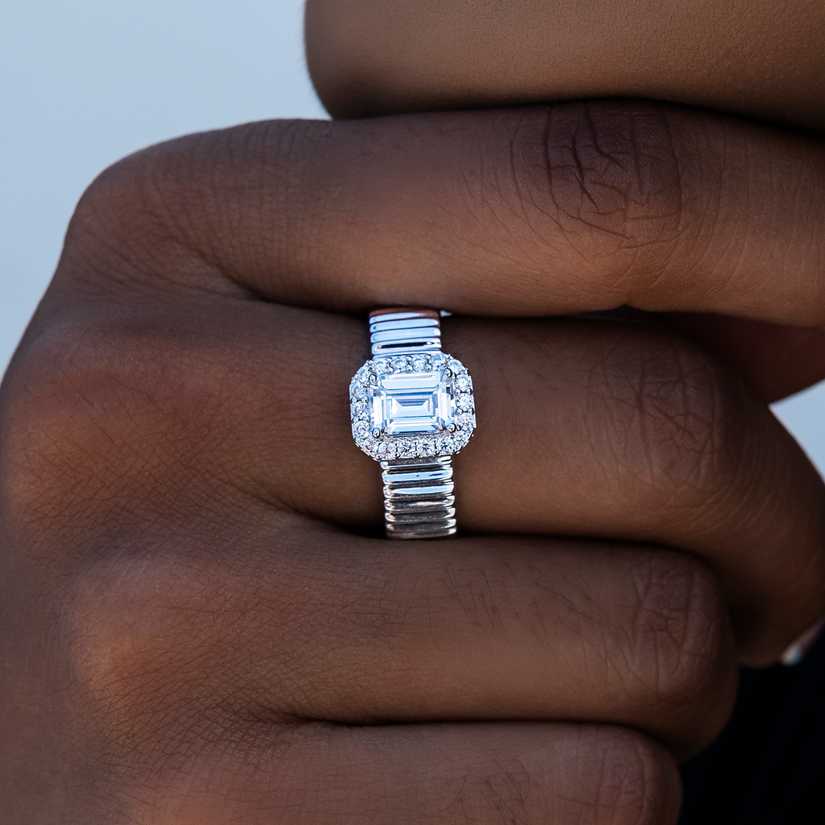 Emerald Cut Diamond Textured Ring in White Gold Vermeil
