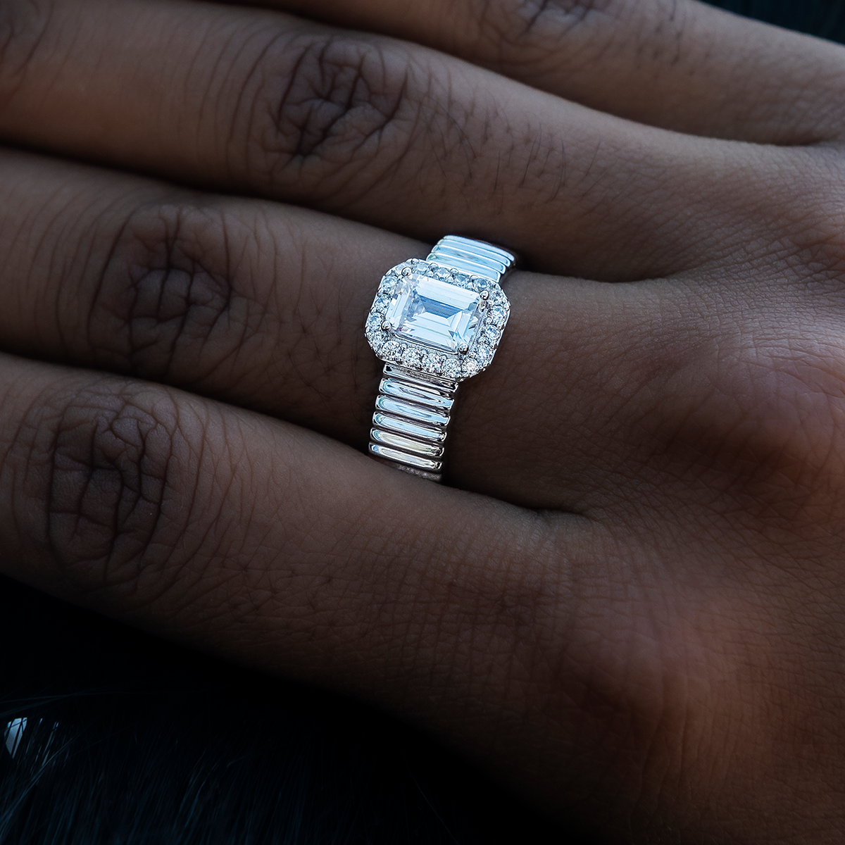 Emerald Cut Diamond Textured Ring in White Gold Vermeil