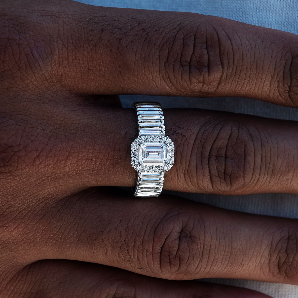 Emerald Cut Diamond Textured Ring in White Gold Vermeil