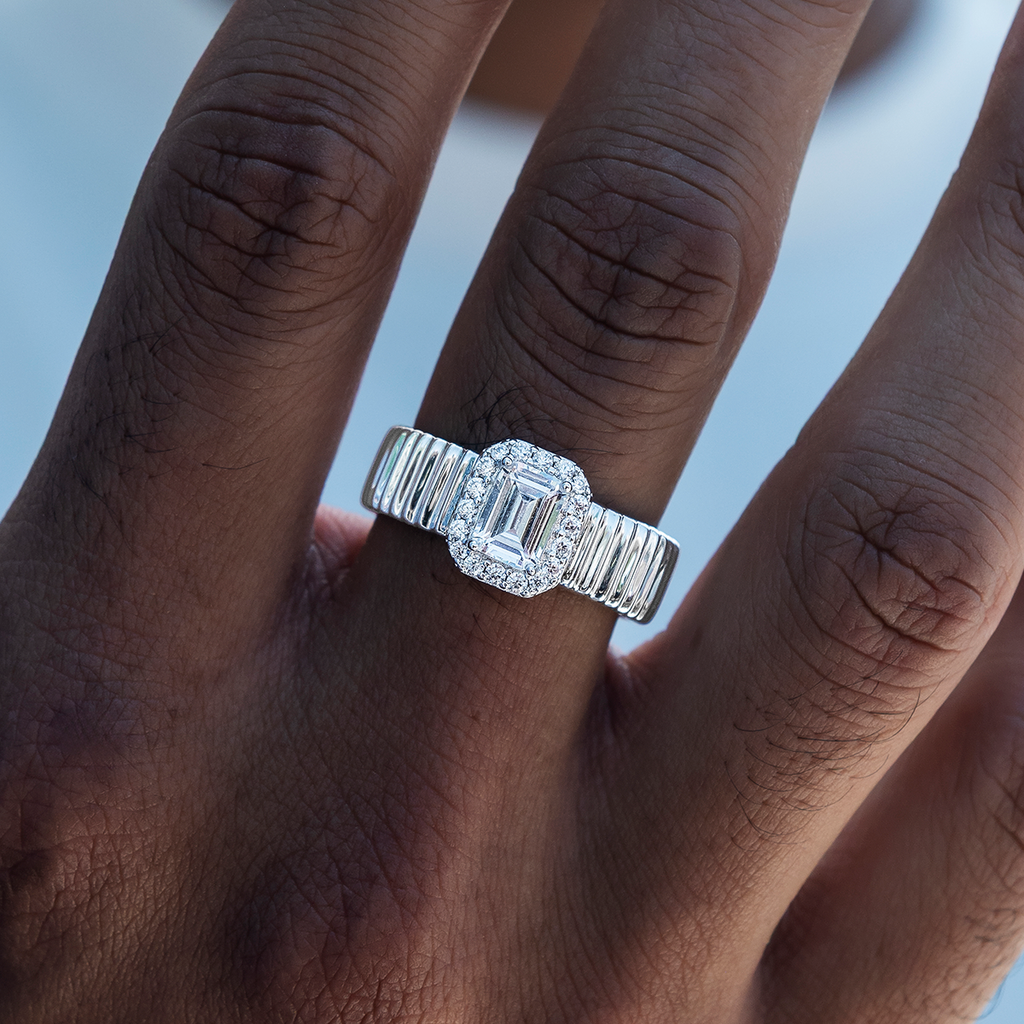 Emerald Cut Diamond Textured Ring in White Gold Vermeil