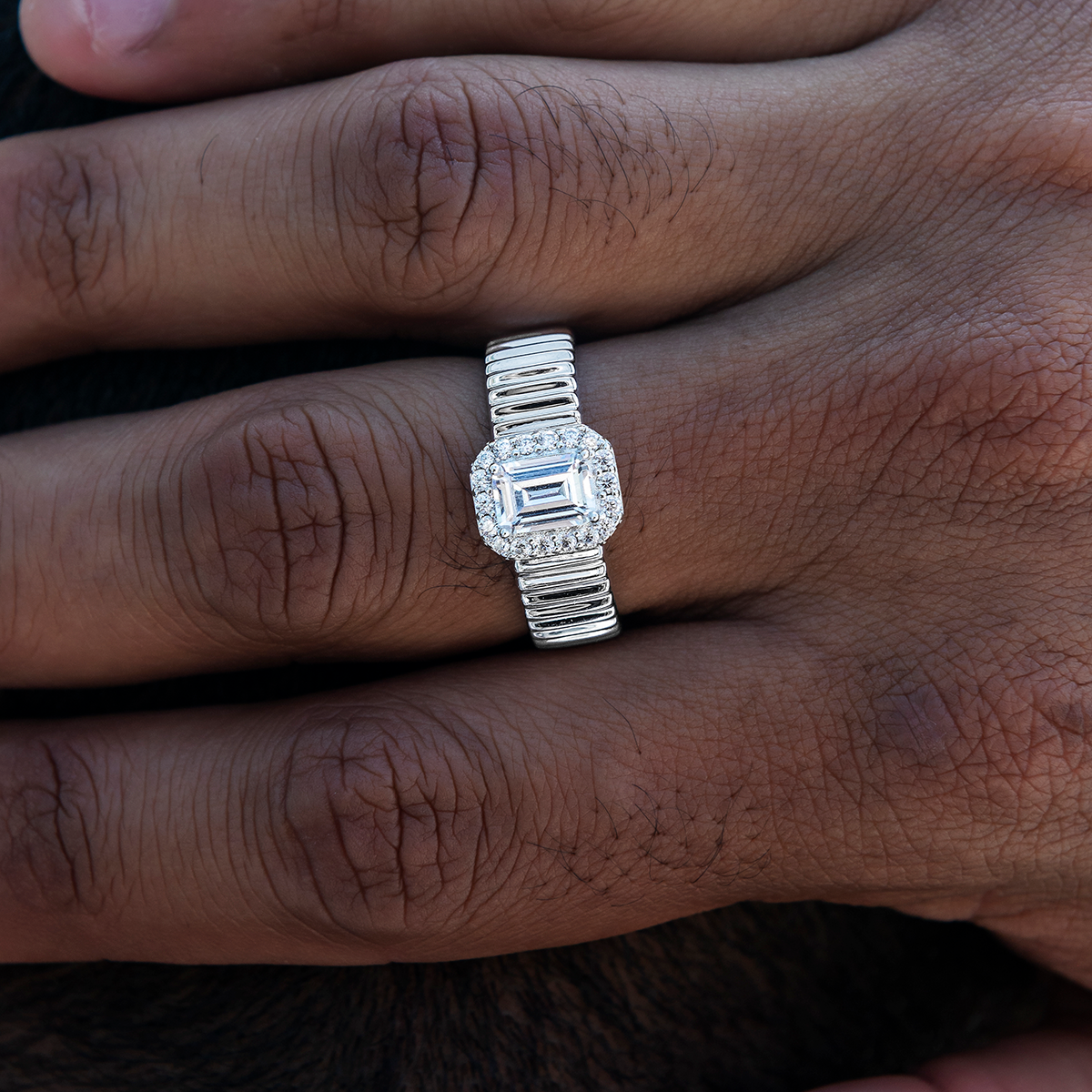 Emerald Cut Diamond Textured Ring in White Gold Vermeil