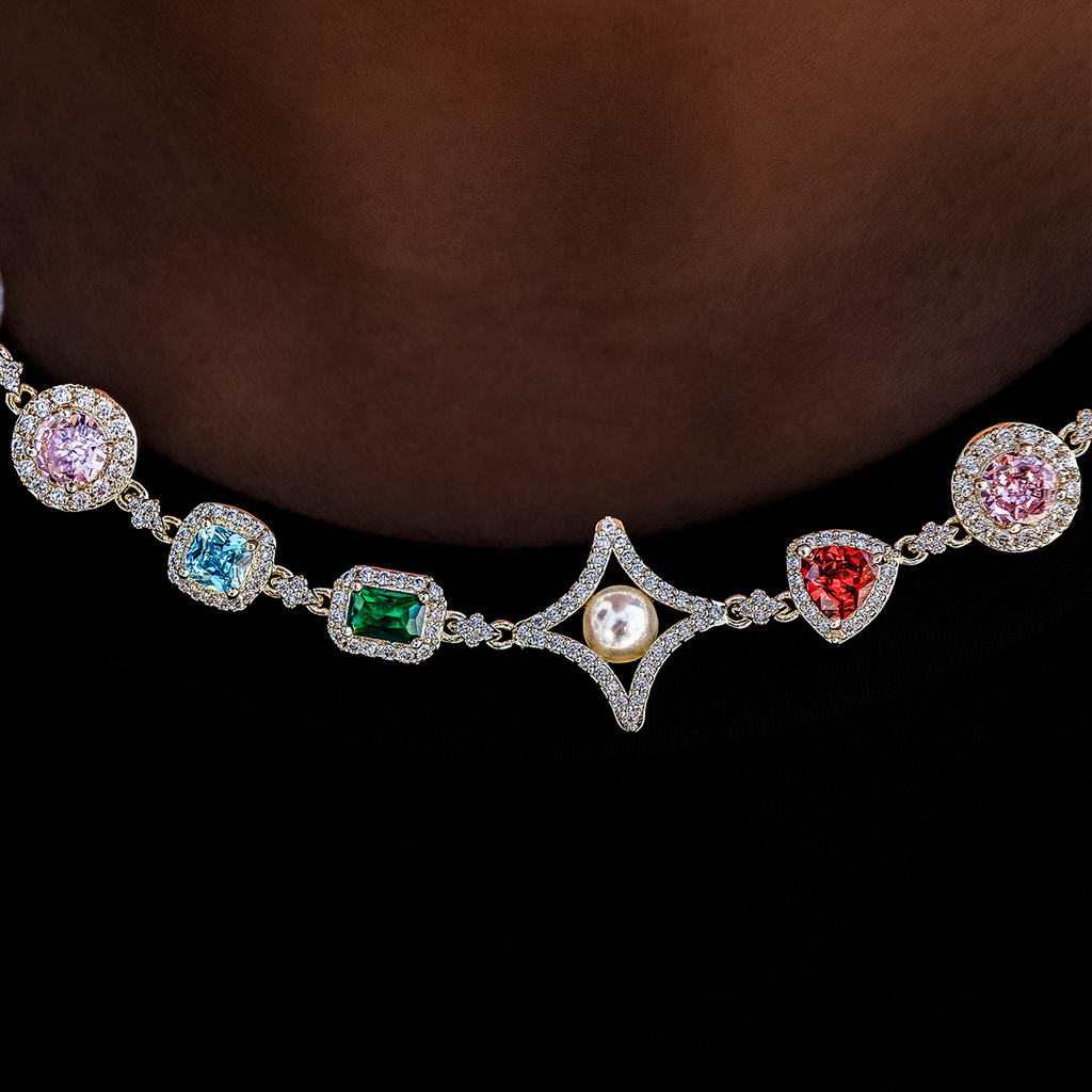 Colored Gemstone Pearl Necklace in Yellow Gold - 17mm