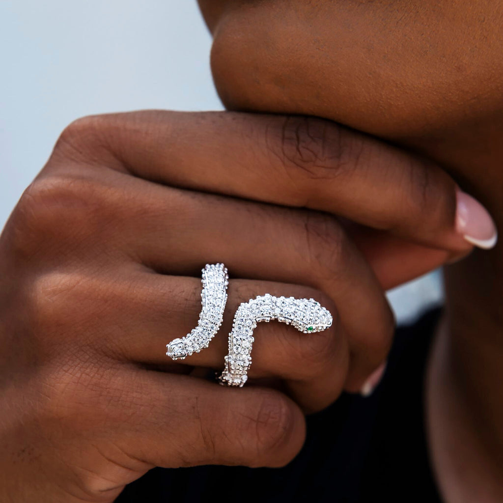 Iced Snake Wrap Ring in White Gold