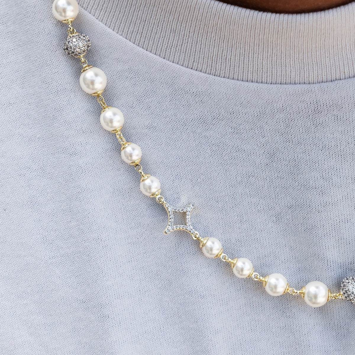 Iced Beaded Pearl Chain in Yellow Gold