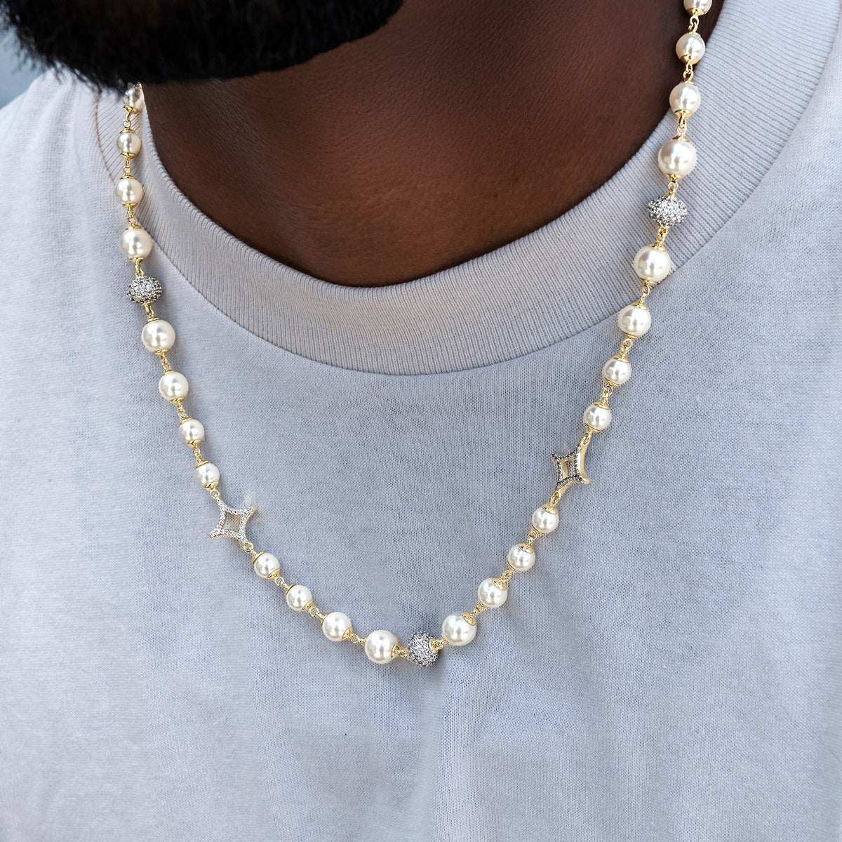 Iced Beaded Pearl Chain in Yellow Gold