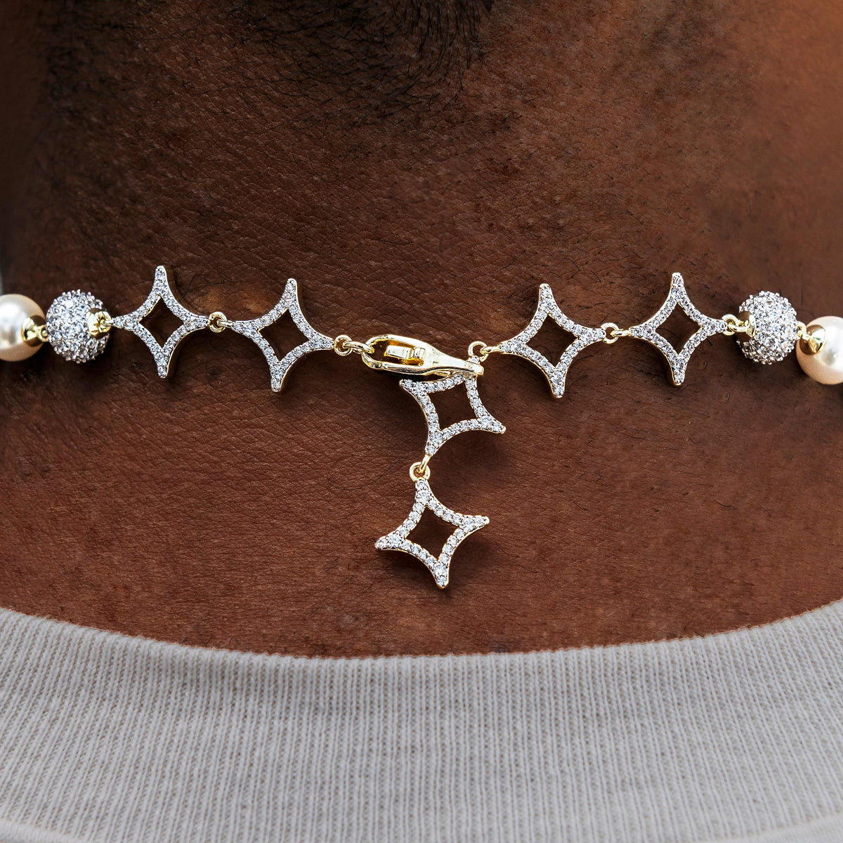 Iced Beaded Pearl Chain in Yellow Gold