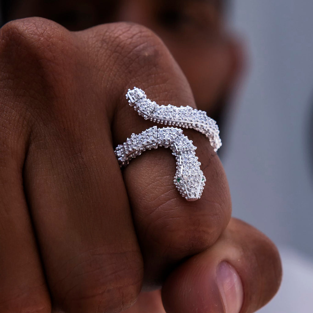 Iced Snake Wrap Ring in White Gold