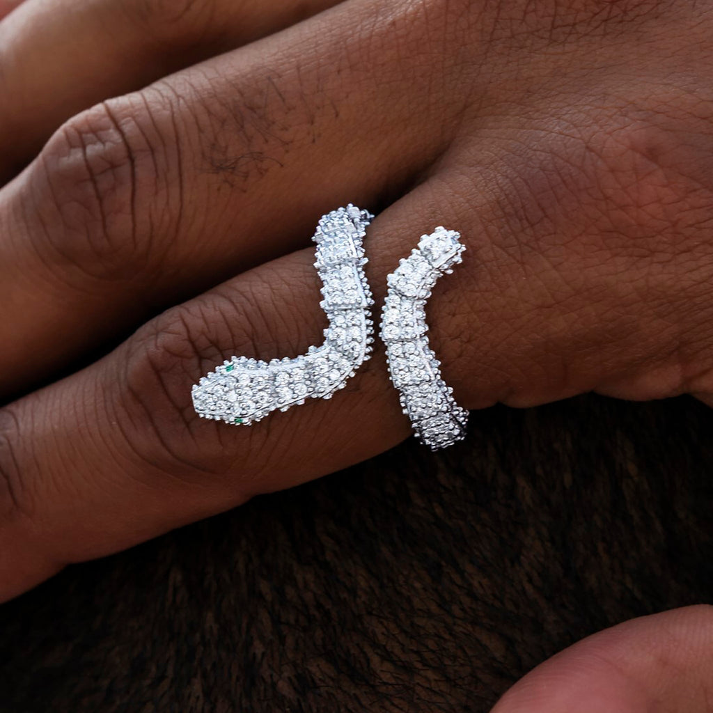 Iced Snake Wrap Ring in White Gold