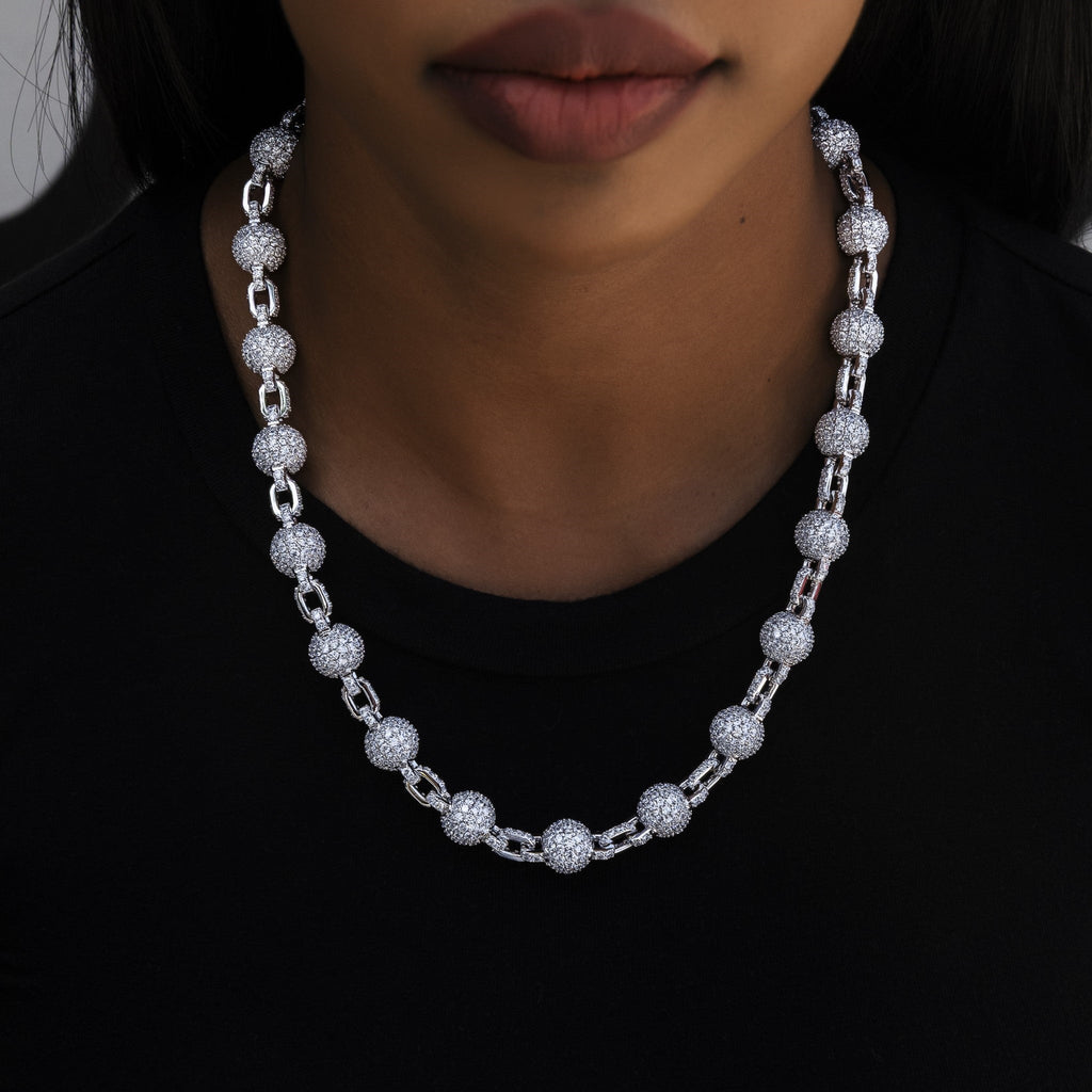 12MM Iced Ball Necklace in White Gold