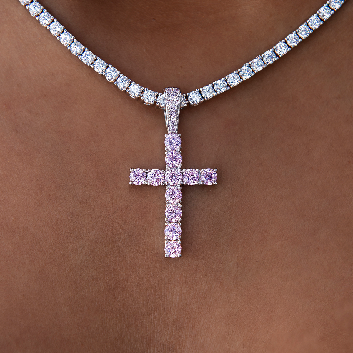 Pink Stone Diamond Cross Pendant in White Gold