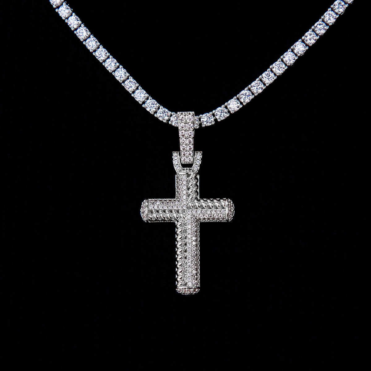 Iced Rope Mix Cross Pendant in White Gold