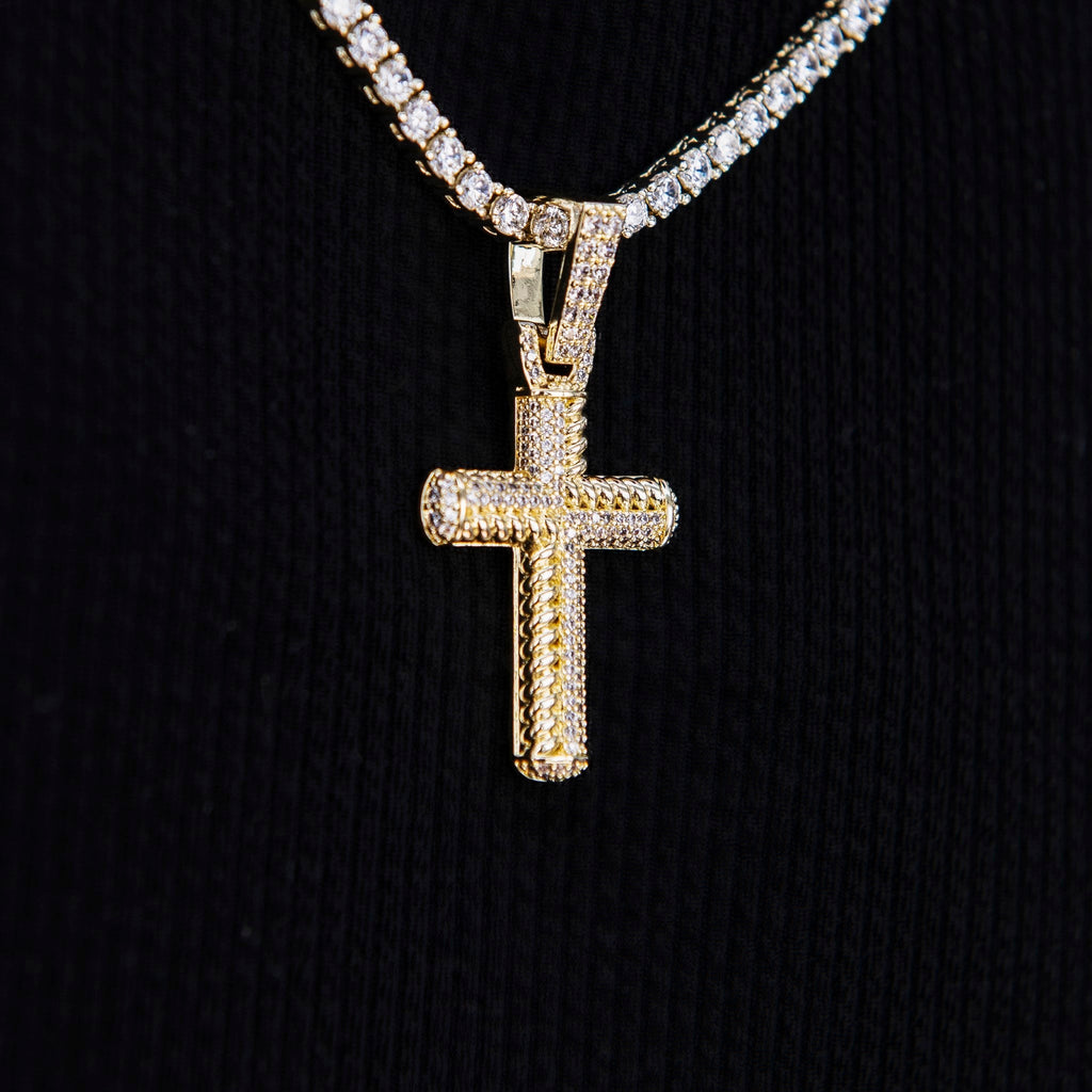 Iced Rope Mix Cross Pendant in Yellow Gold