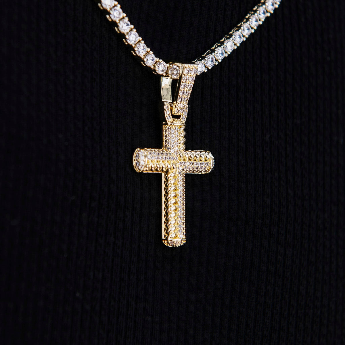 Iced Rope Mix Cross Pendant in Yellow Gold