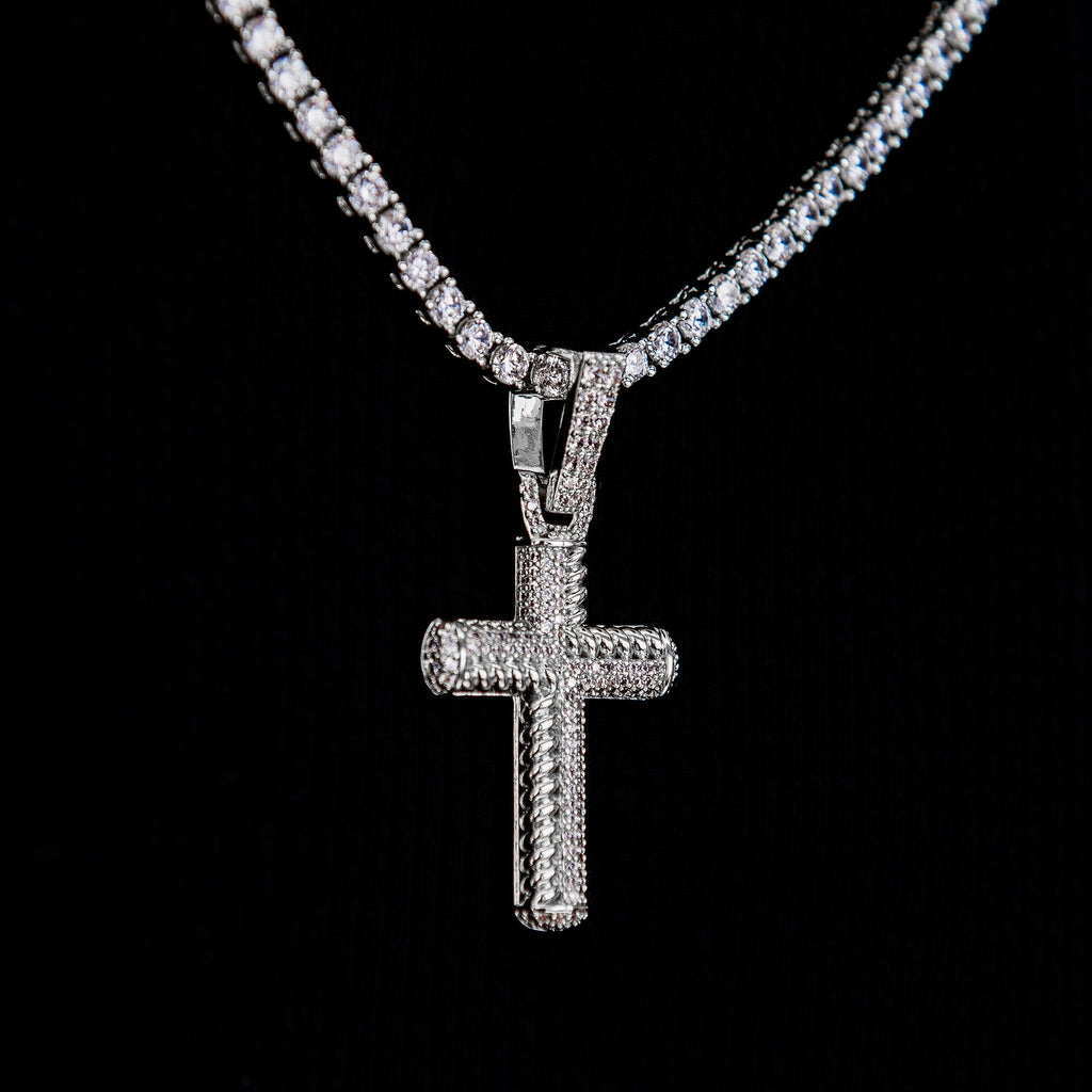 Iced Rope Mix Cross Pendant in White Gold