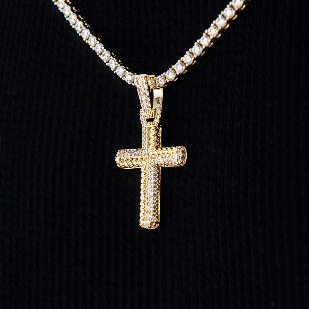 Iced Rope Mix Cross Pendant in Yellow Gold