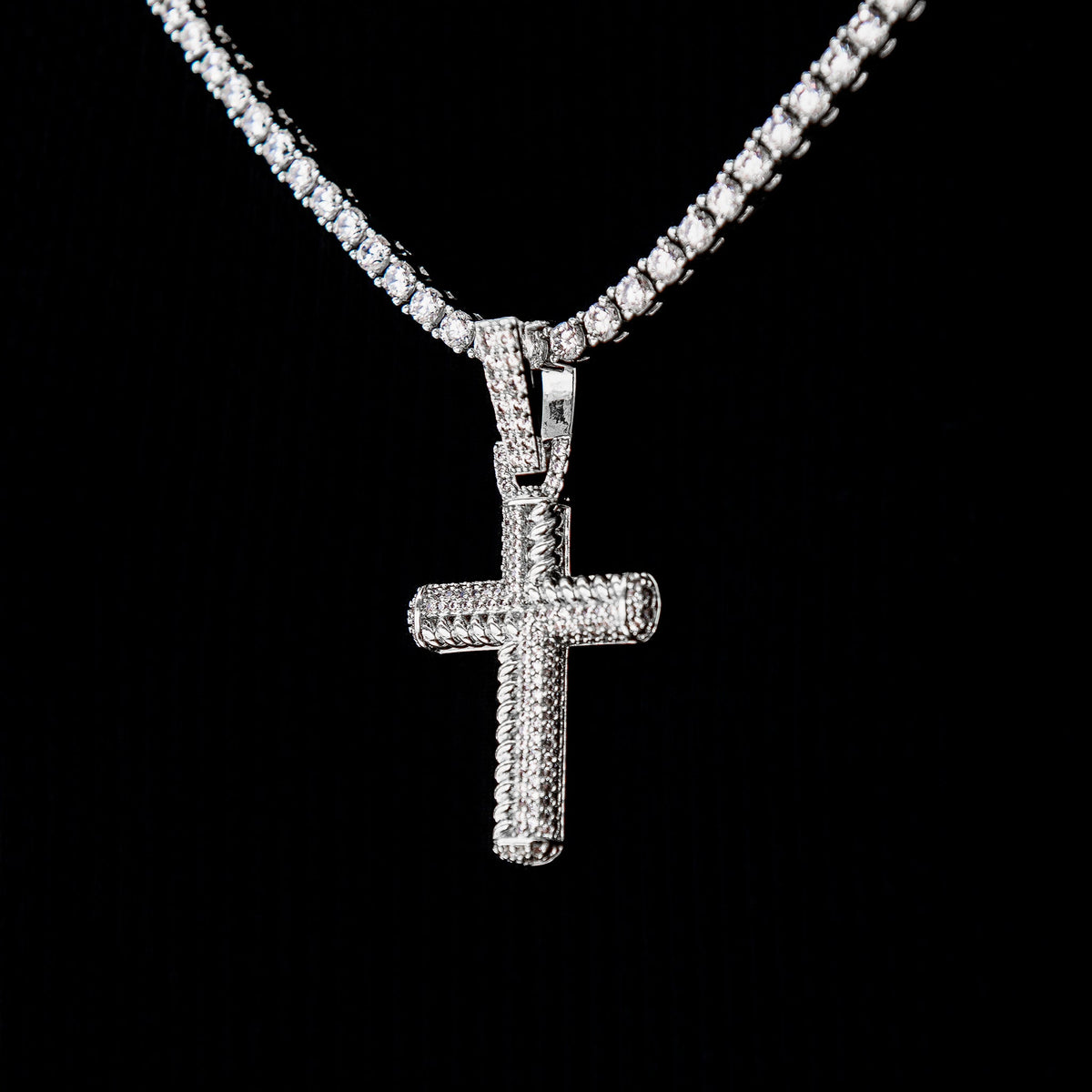 Iced Rope Mix Cross Pendant in White Gold