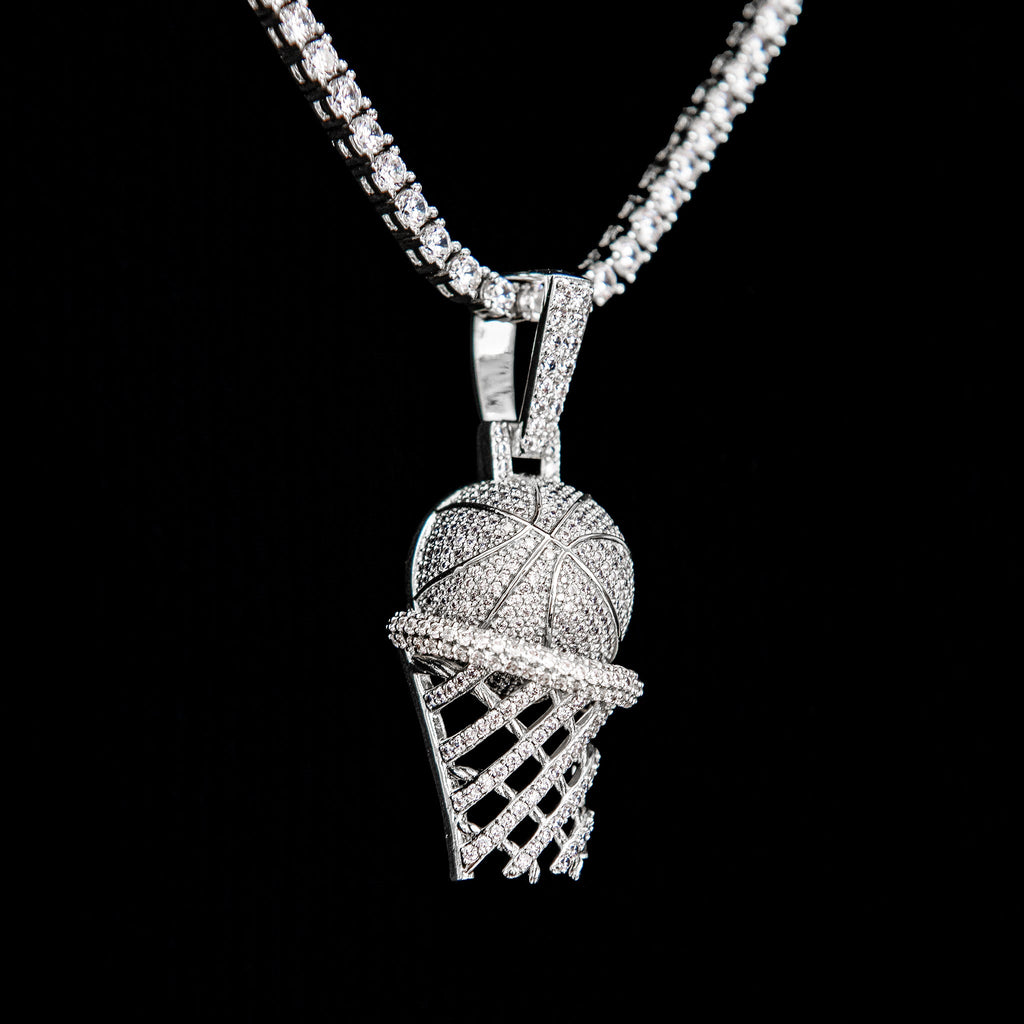 Iced Basketball Hoop Pendant in White Gold