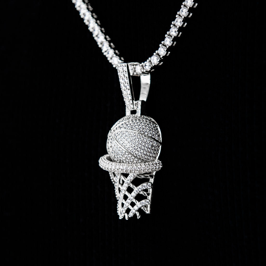 Iced Basketball Hoop Pendant in White Gold