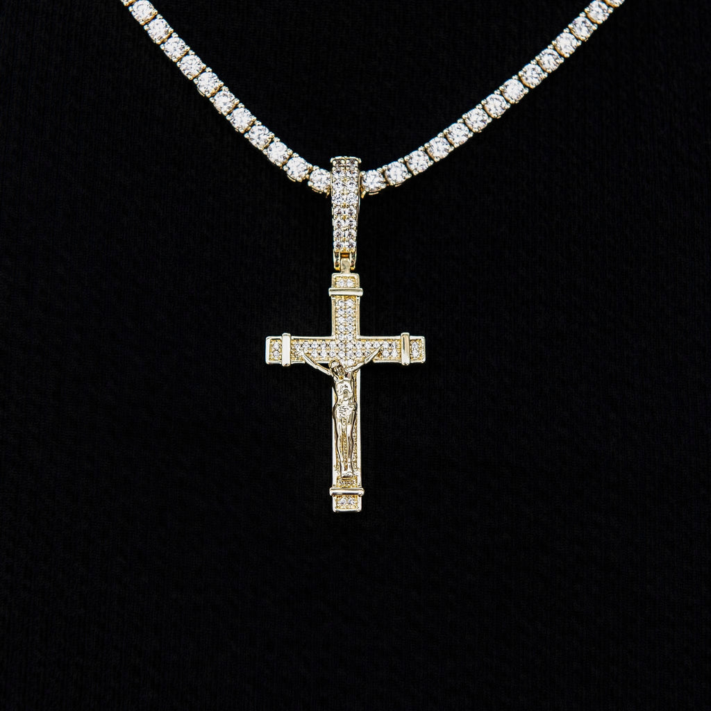 Iced Flat Crucifix Pendant in Yellow Gold