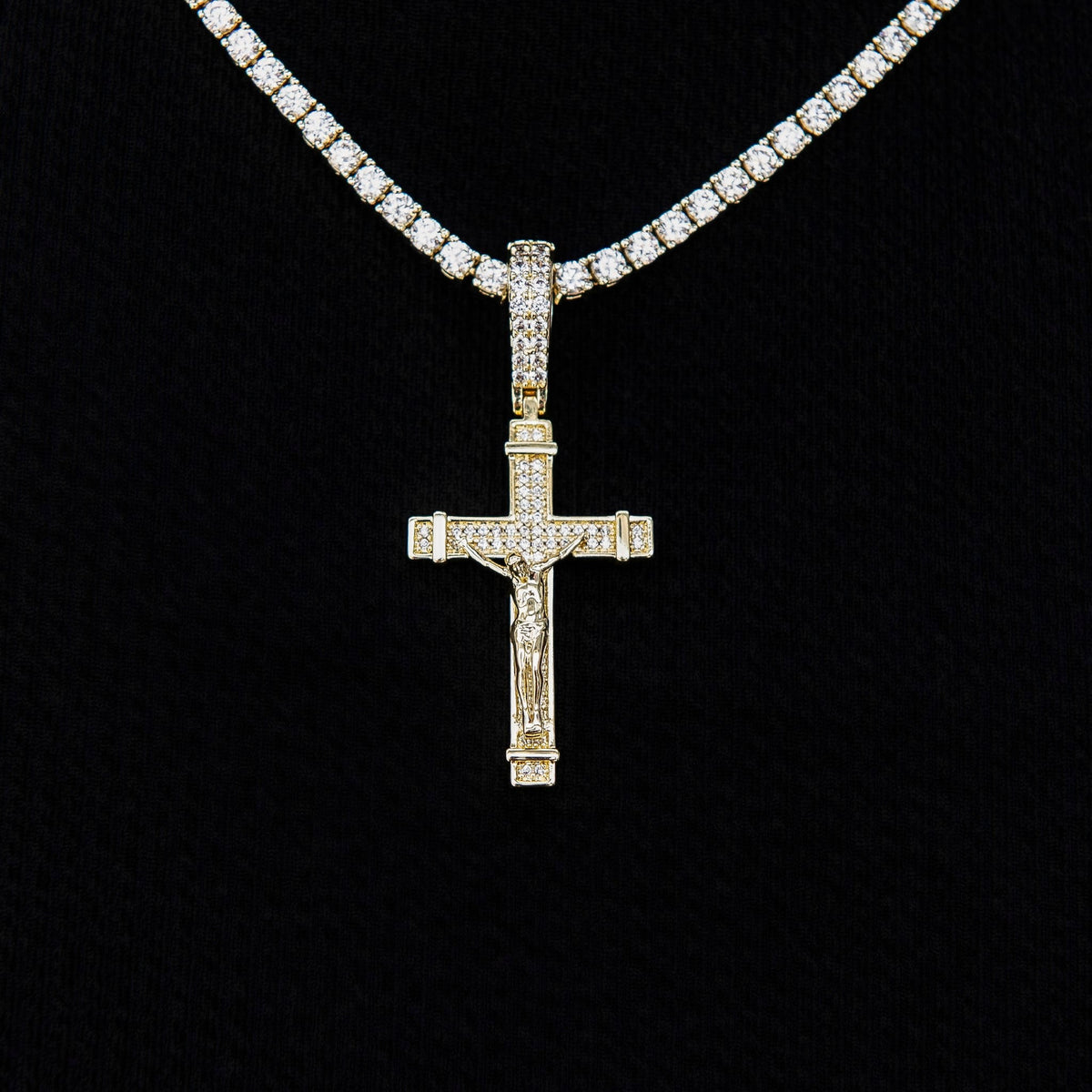 Iced Flat Crucifix Pendant in Yellow Gold