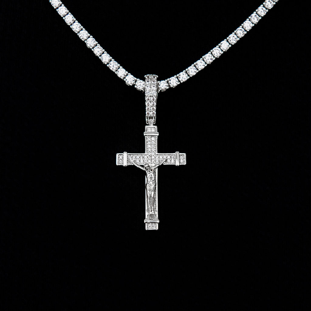 Iced Flat Crucifix Pendant in White Gold