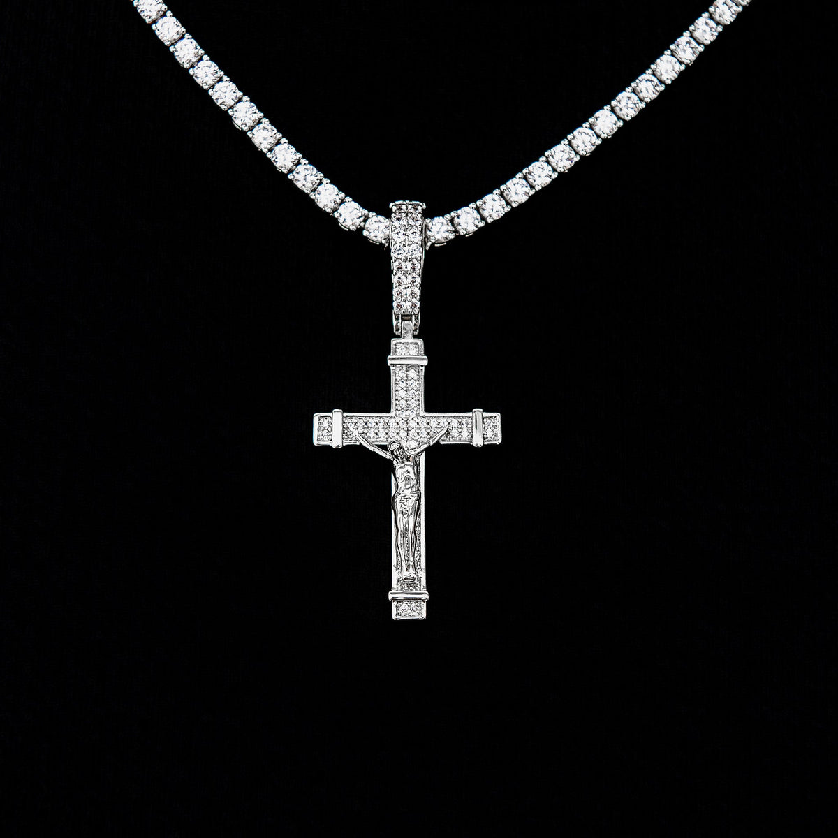 Iced Flat Crucifix Pendant in White Gold