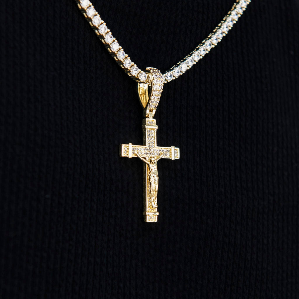 Iced Flat Crucifix Pendant in Yellow Gold