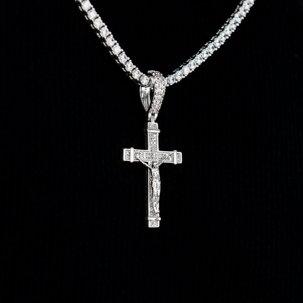 Iced Flat Crucifix Pendant in White Gold